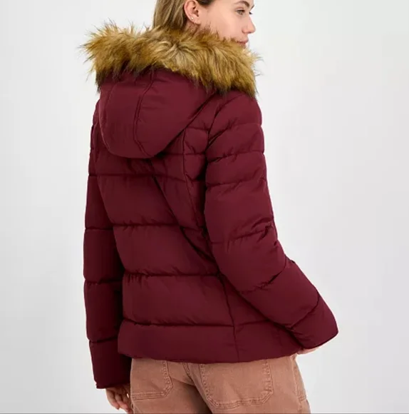 NWT Maralyn & Me Wine Hooded Cozy Puffer Coat With Faux Fur Trim Size XL - Picture 12 of 14